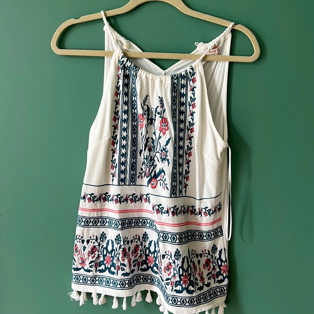 Skies Are Blue, white tank with colorful embroidery, size medium